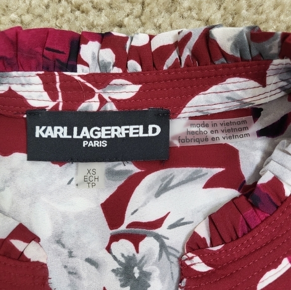 💚HP💚Karl Lagerfeld Paris Floral Pearl Button Down Ruffle Cinched Sleeve Blouse - Picture 9 of 11